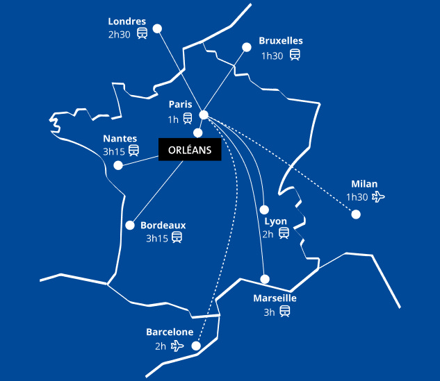 Carte de la situation d'Orléans sur la France avec les distances avec les grandes villes de France et d'Europe