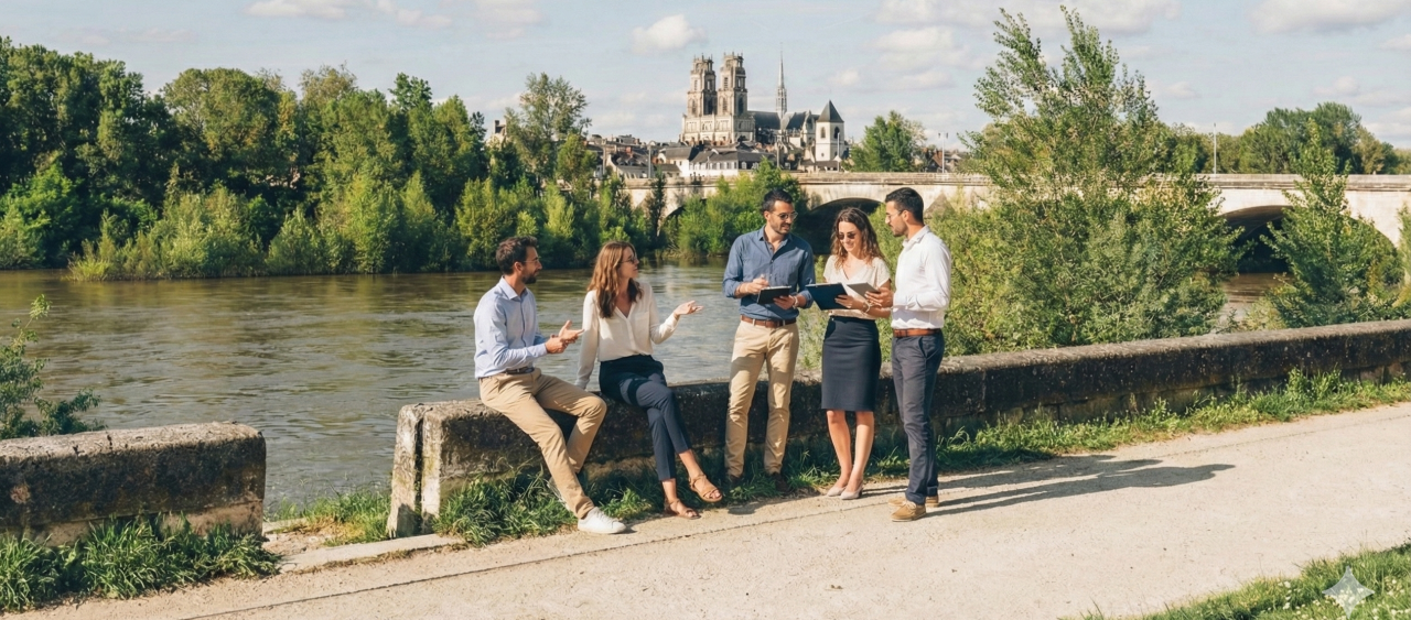 Groupe de collégue devant la loire rive sud avec vue sur la Loire
